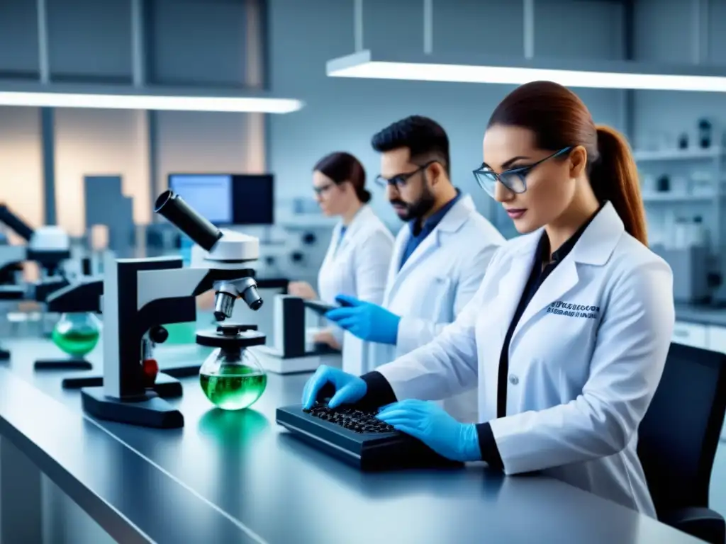 Laboratorio de biotecnología industrial: innovación y dedicación Un laboratorio de biotecnología industrial moderno, científicos en batas blancas realizando experimentos