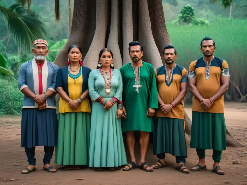 Líderes indígenas de México unidos en círculo bajo un árbol ancestral, transmitiendo fuerza y sabiduría