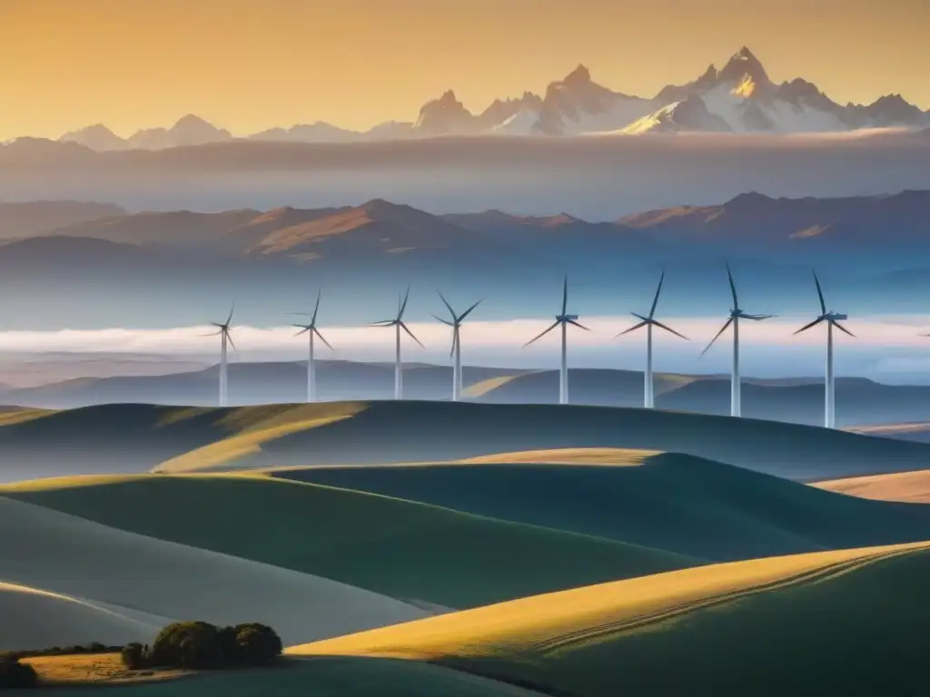 Majestuoso parque eólico en Patagonia al atardecer, con los Andes de fondo, simbolizando regulaciones energéticas Cono Sur