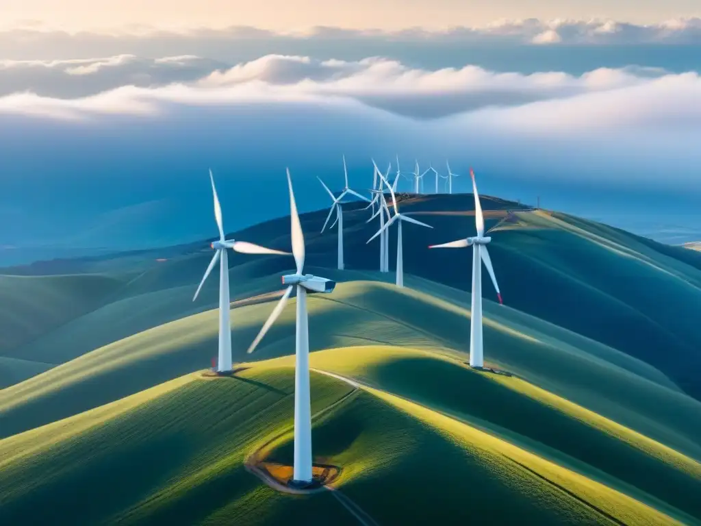 Parque eólico en Cono Sur: símbolo de energía limpia y progreso Majestuosos molinos de viento en las colinas del Cono Sur, símbolos de Integración tecnologías limpias Cono Sur