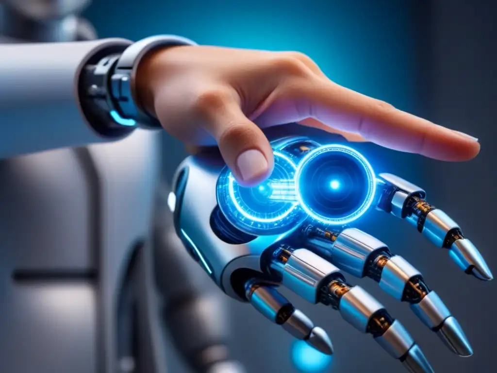Contacto humano con robot: un encuentro entre tecnología y emoción Una mano humana cautelosa alcanza los dedos metálicos de un robot futurista, con ojos brillantes, en un laboratorio de IA