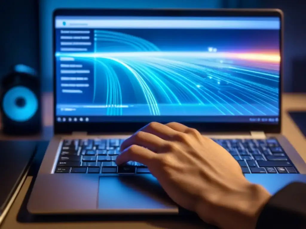 Mano tecleando en laptop, reflejo de pantalla en dedos