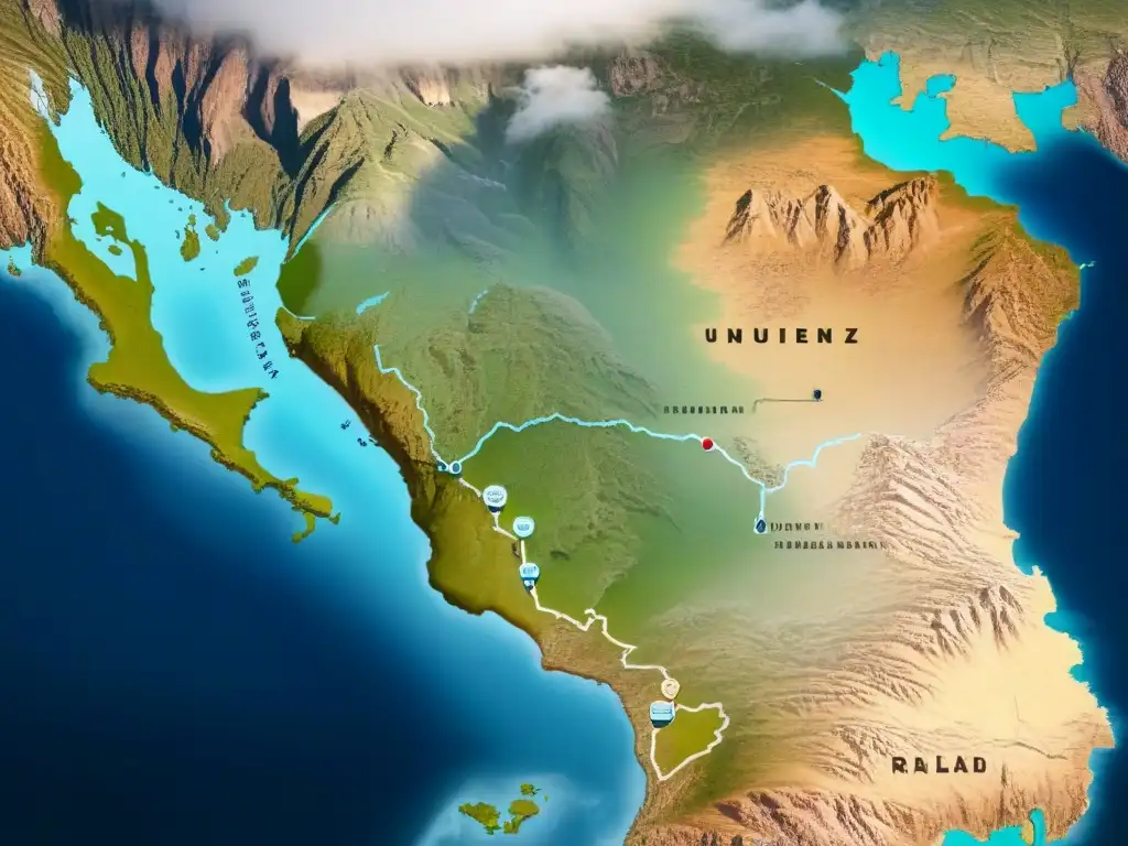 Mapa legal Andino: Leyes, justicia y cultura entrelazadas Mapa detallado de leyes del Derecho Andino con elementos culturales y símbolos de justicia en paleta de colores sobria