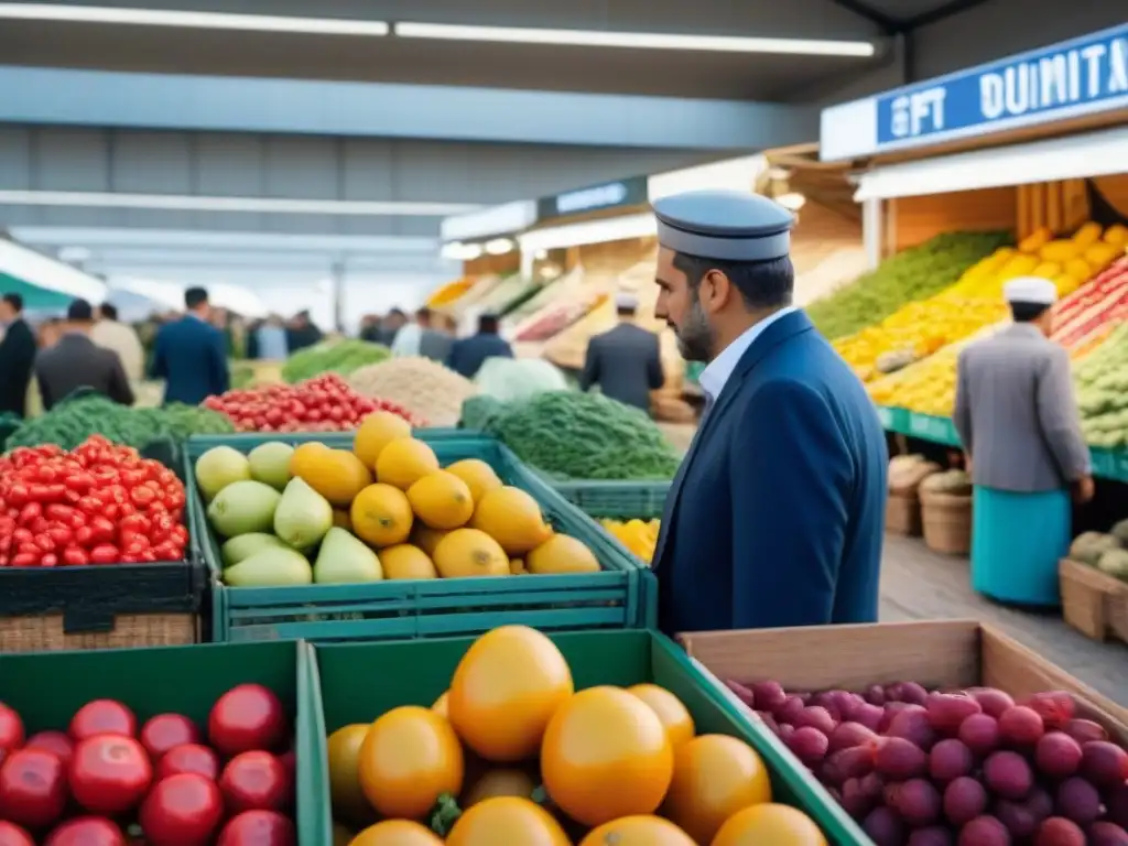 Mercado agrícola en España: tradición y regulaciones de la UE Un mercado agrícola en España con influencia normativa agrícola UE, mostrando gran colorido y diversidad de productos frescos