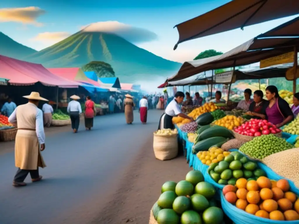 Mercado vibrante en ciudad de Centroamérica Un mercado vibrante en una ciudad centroamericana, lleno de coloridas frutas y verduras, comerciantes locales y montañas imponentes