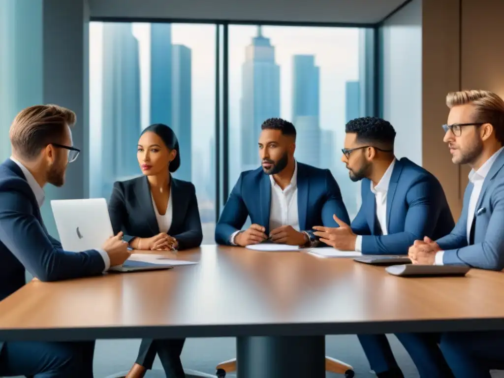 Una mesa de conferencias moderna, con personas debatiendo la nueva ley de comunicación audiovisual, en una sala luminosa con vista a la ciudad