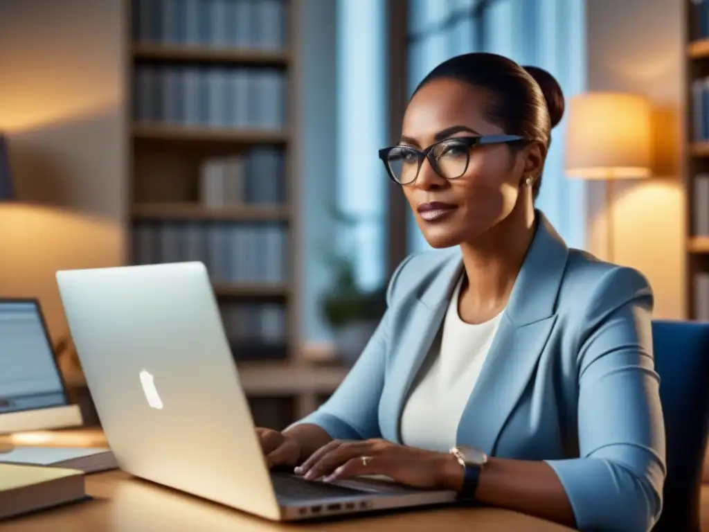 Una mujer de unos treinta años, con lentes, trabaja en casa frente a su computadora en un ambiente cálido y productivo, rodeada de libros legales