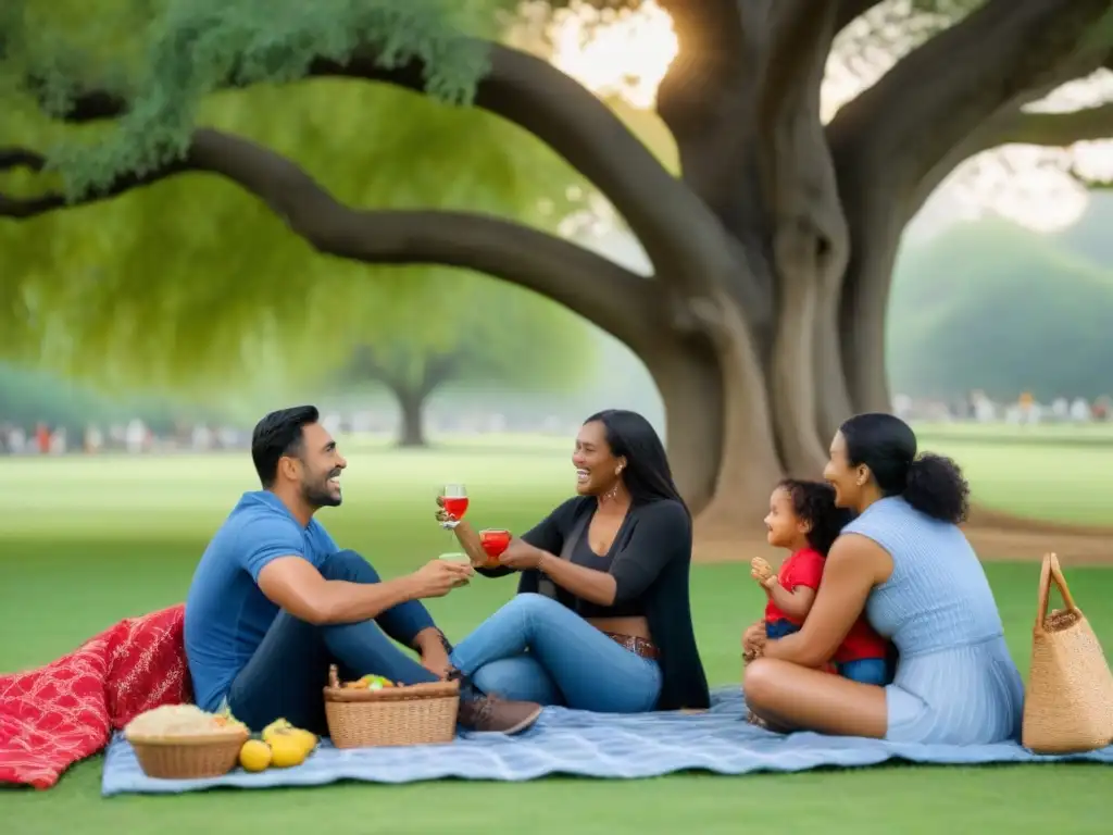 Encuentro familiar multicultural en el parque: adopciones internacionales Multicultural families enjoying a day in the park in a heartwarming scene of international adoption