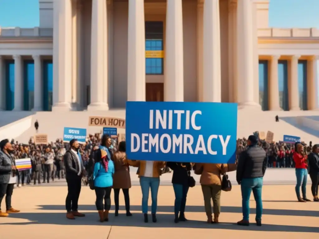 Manifestación por la democracia: diversidad y unidad frente al gobierno Multitud diversa frente a edificio gubernamental con carteles coloridos promoviendo la democracia en Sudamérica