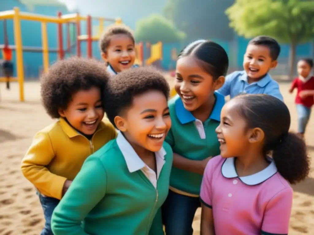 Niños de diferentes culturas juegan juntos en escuela internacional Niños de diversas culturas juegan juntos en un patio escolar internacional, reflejando la adopción internacional y el derecho matrimonial