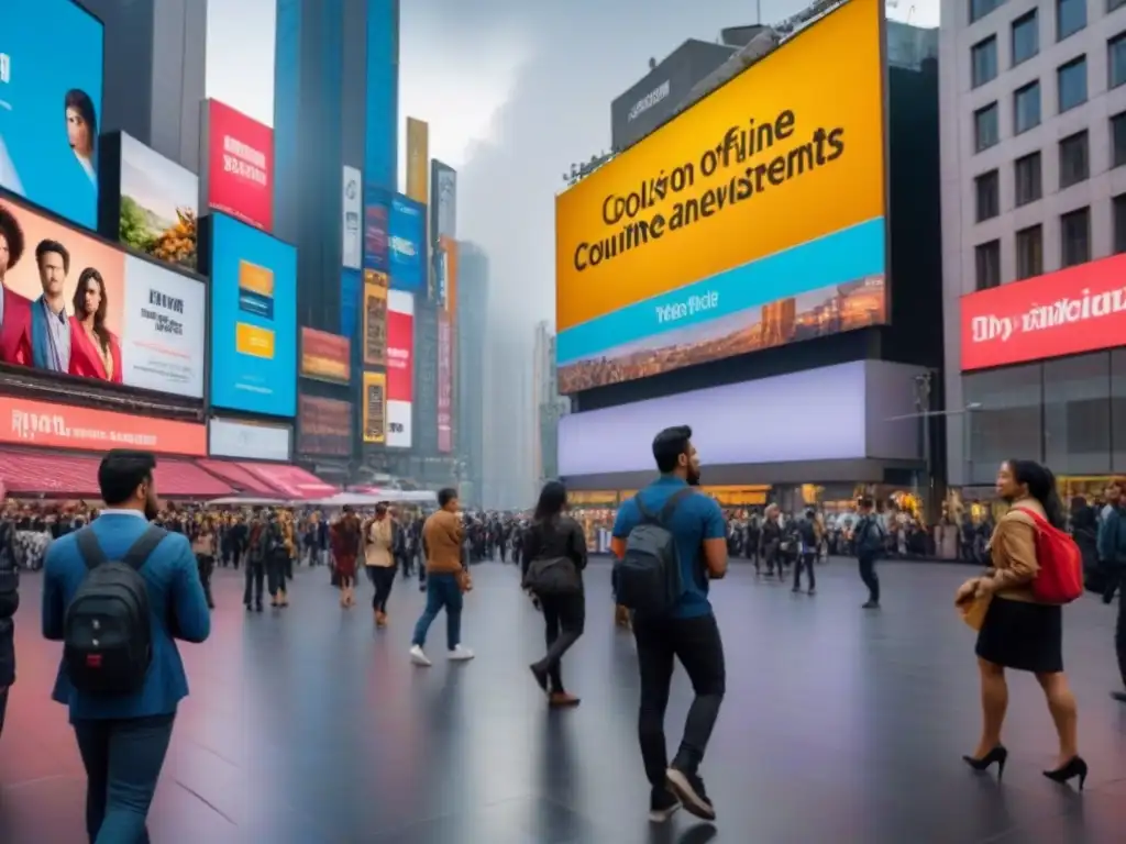 Normativas publicidad engañosa online Sudamérica: Calle urbana colorida muestra anuncios digitales engañosos y peatones variados