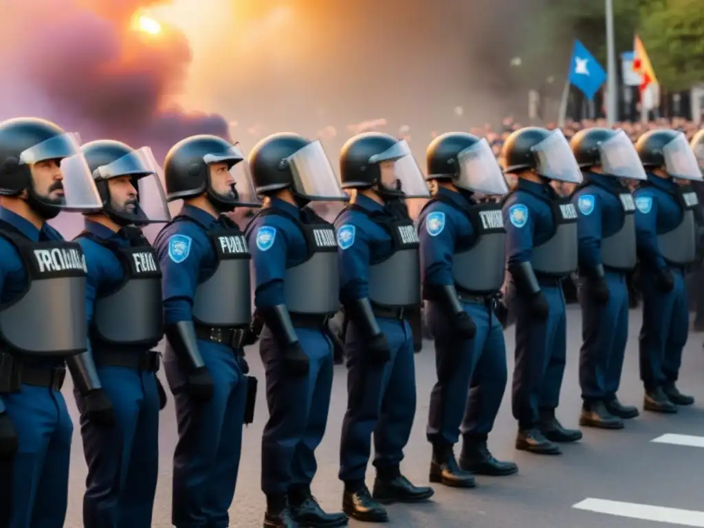 Normativas de seguridad en crisis: Policías españoles en formación con escudos levantados, frente a manifestantes en tensa protesta