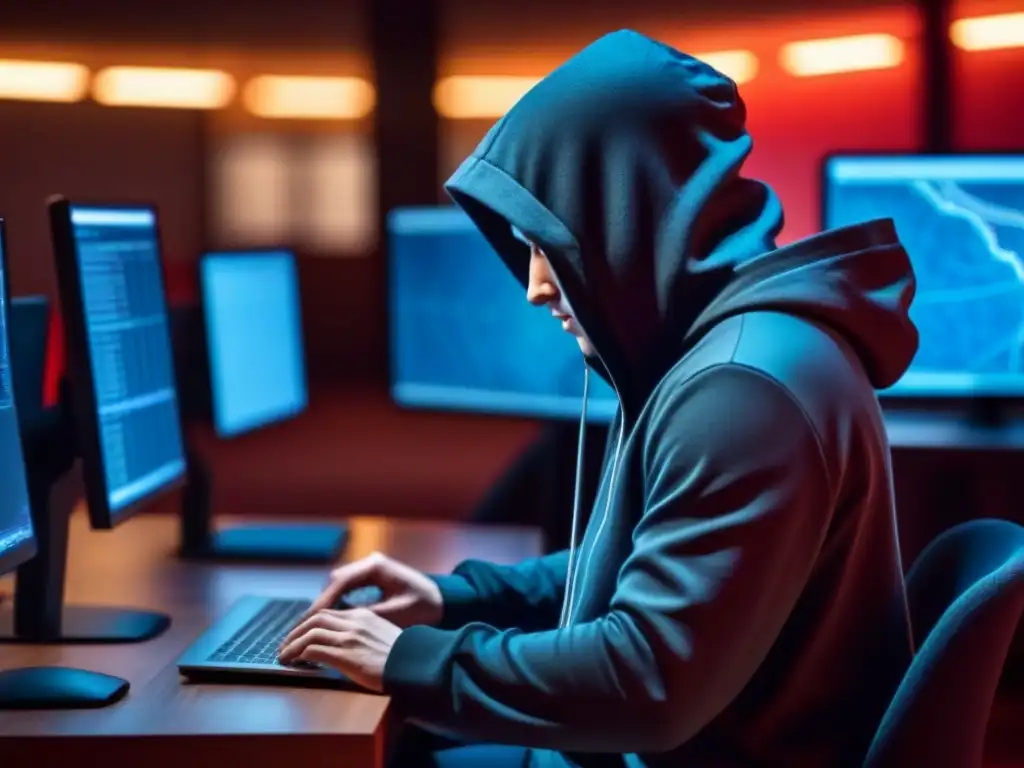 Operaciones cibernéticas encubiertas normativas internacionales: Figura en sombras frente a monitores con código y mapas digitales