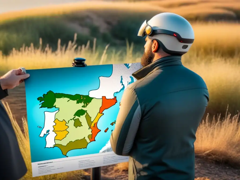 Un operador de dron revisa un mapa de zonas restringidas en España, rodeado de personas atentas