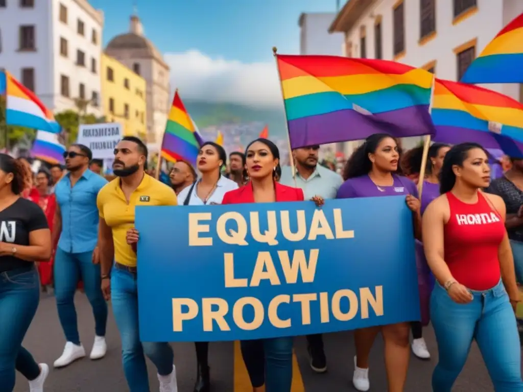 Protesta LGBTQ+ por la igualdad en Honduras Manifestación pacífica de diversidad LGBTQ+ en Honduras con pancartas por igualdad y normativas legales LGBTQ+ en Honduras