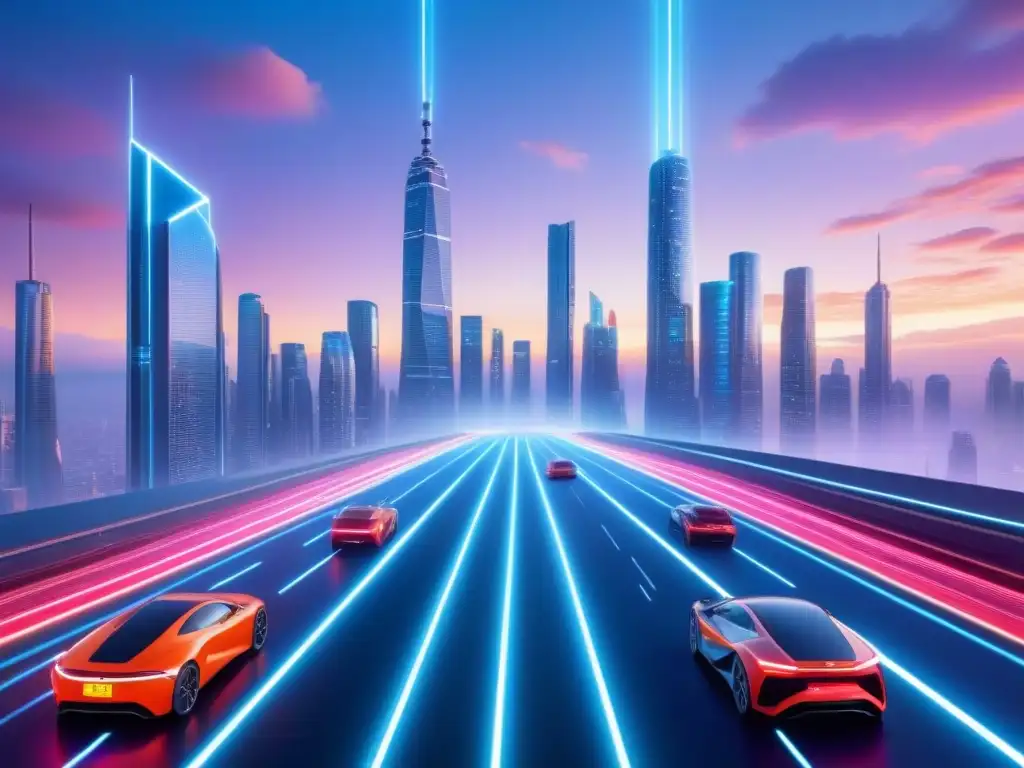 Metrópolis futurista: regulación de IA en acción Un paisaje futurista de alta tecnología con regulaciones de IA