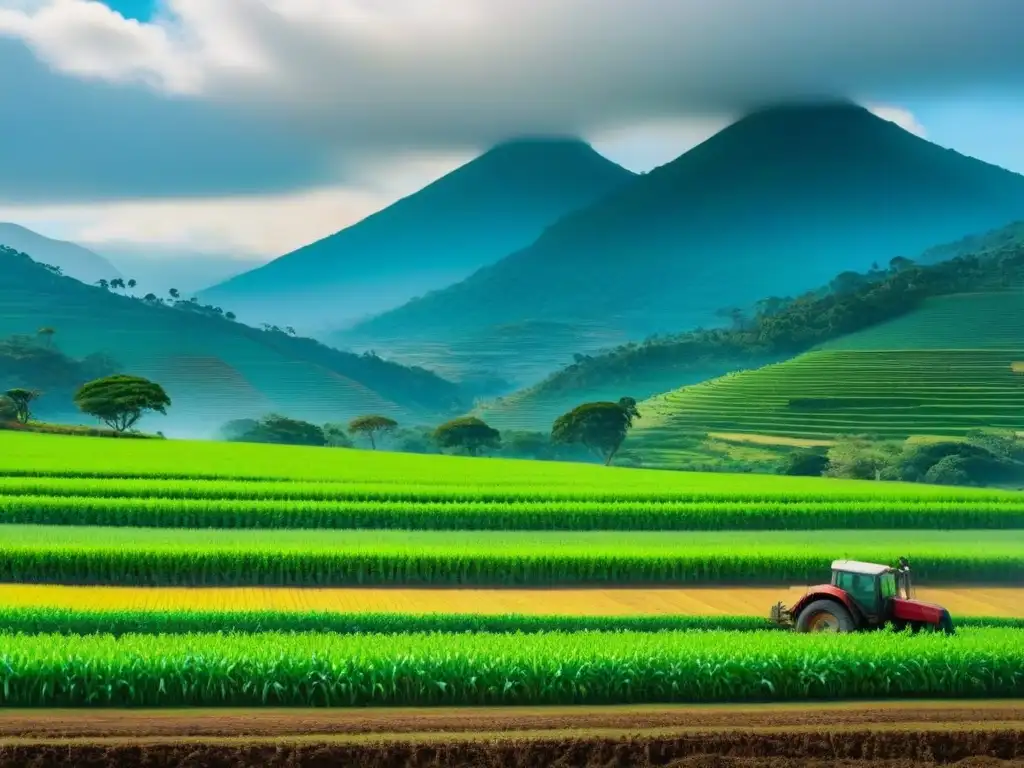 Panorama agrícola: belleza verde en Centroamérica Un paisaje impresionante de agricultura centroamericana con campesinos cultivando cosechas bajo el sol brillante