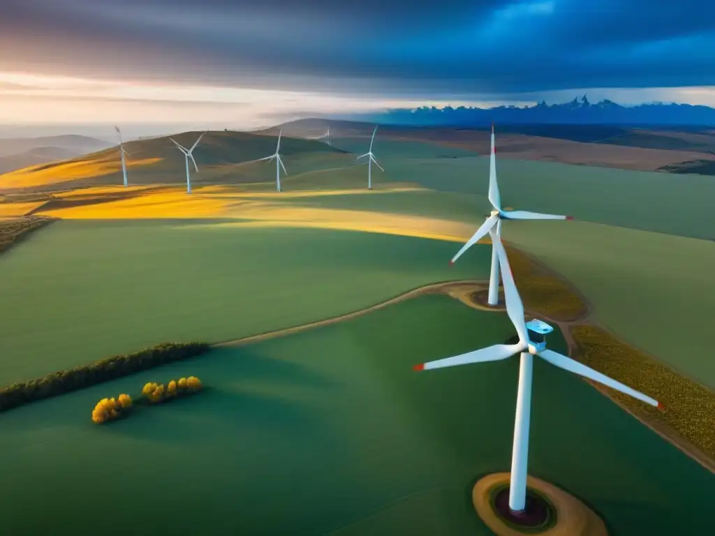 Un paisaje impresionante de un extenso parque eólico en las colinas de la Patagonia, simbolizando las regulaciones energéticas en el Cono Sur