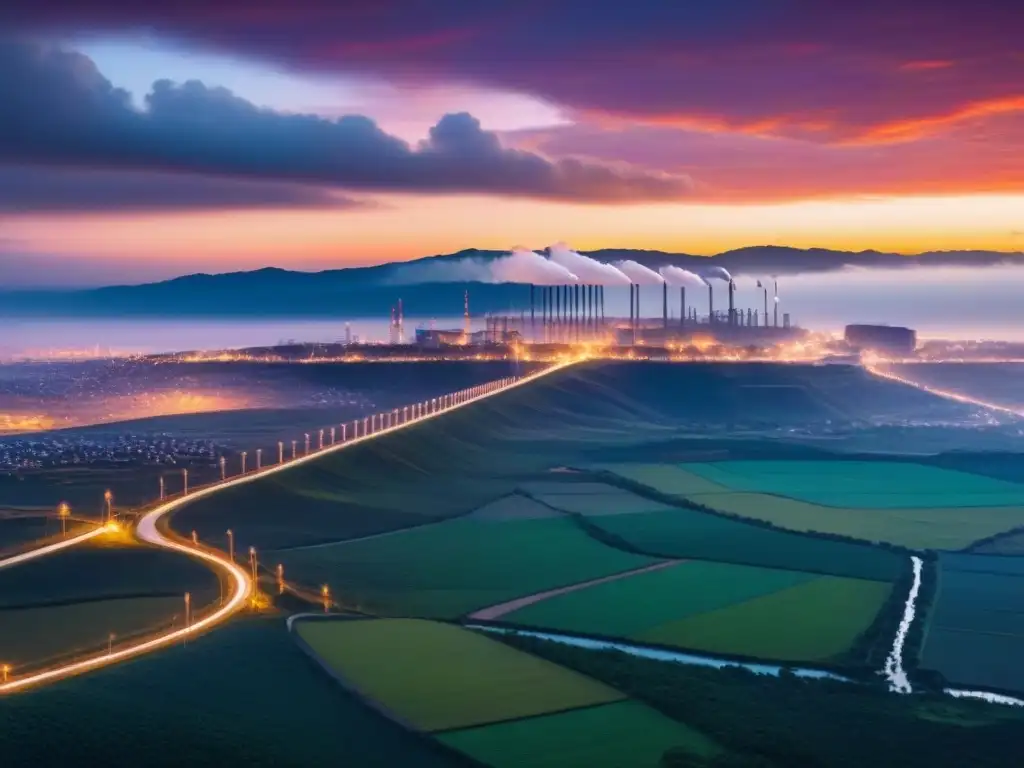 Paisaje urbano en el Cono Sur con redes energéticas y atardecer vibrante, simbolizando las regulaciones energéticas Cono Sur