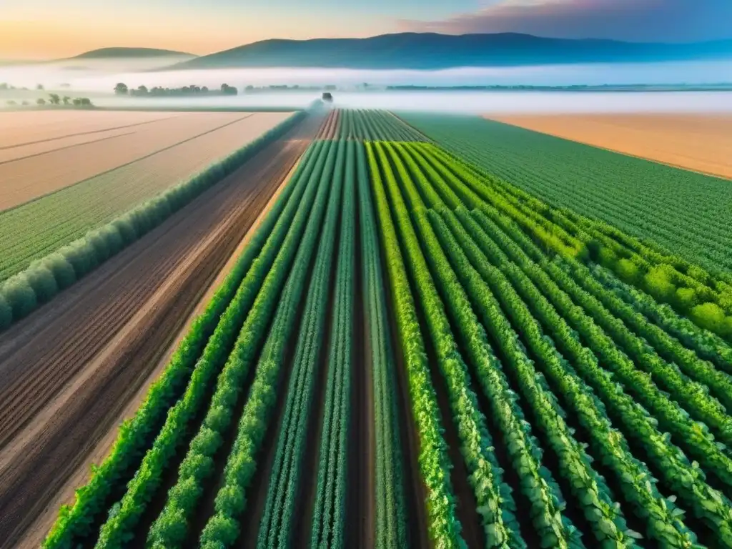 Avance agrícola: cultivos transgénicos en expansión Un paisaje agrícola vibrante, con cultivos genéticamente modificados en crecimiento, mostrando la intersección de tecnología y naturaleza