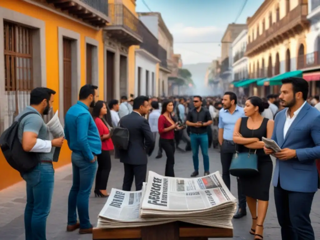 Periodismo en México: lucha por la libertad de prensa Periodistas debaten en la calle de México, con titulares sobre regulación estatal de la libertad de prensa