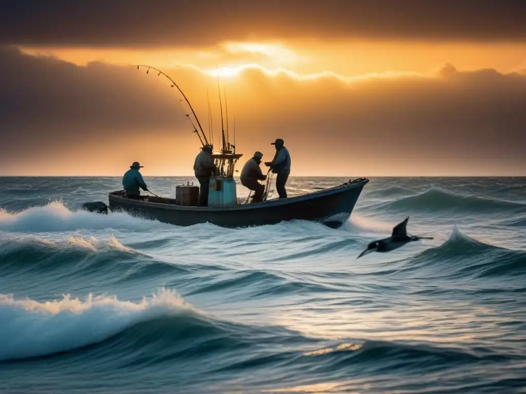 Pescadores en barco al amanecer, lanzando redes al mar