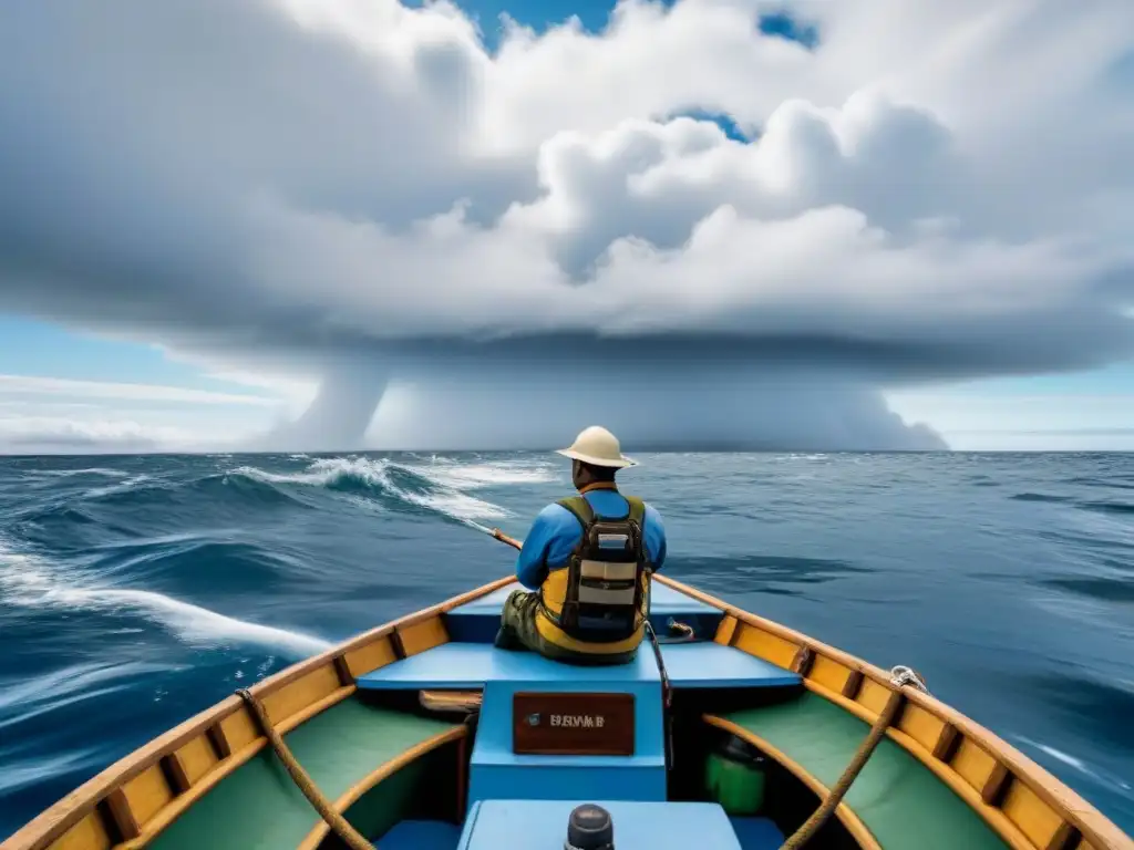Pescadores en barco cumplen reglamentos pesca alto mar Cono Sur, rodeados de mar azul y gaviotas