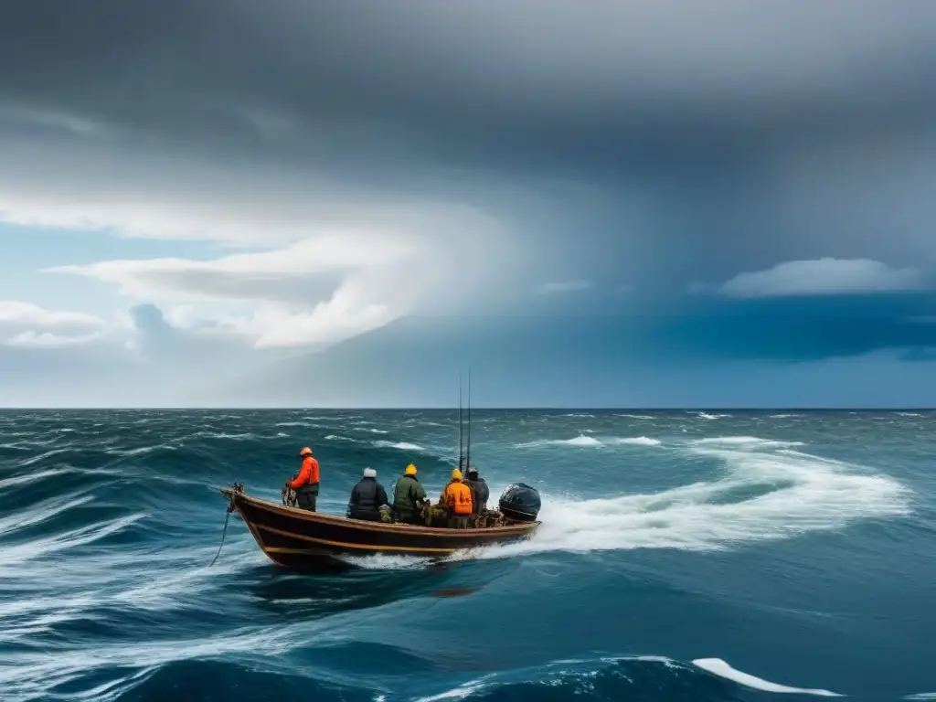 Pescadores en bote de madera en aguas turbulentas del Cono Sur