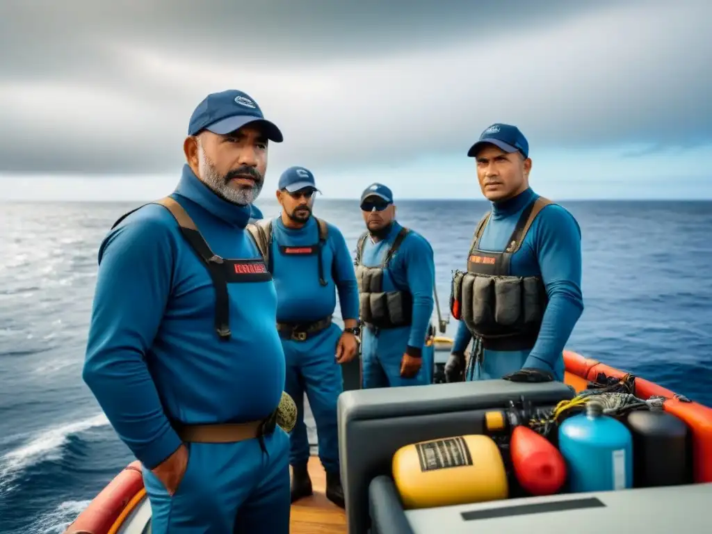 Pescadores expertos revisan equipo en barco pesquero en alto mar del Cono Sur, cumpliendo reglamentos pesca