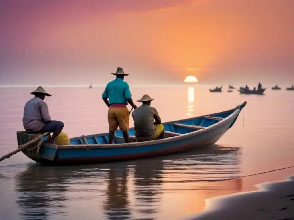 Pescadores al amanecer: tradición sostenible en Centroamérica Pescadores y pescadoras en botes tradicionales al amanecer en Centroamérica, reflejando la Ley de pesca sostenible Centroamérica
