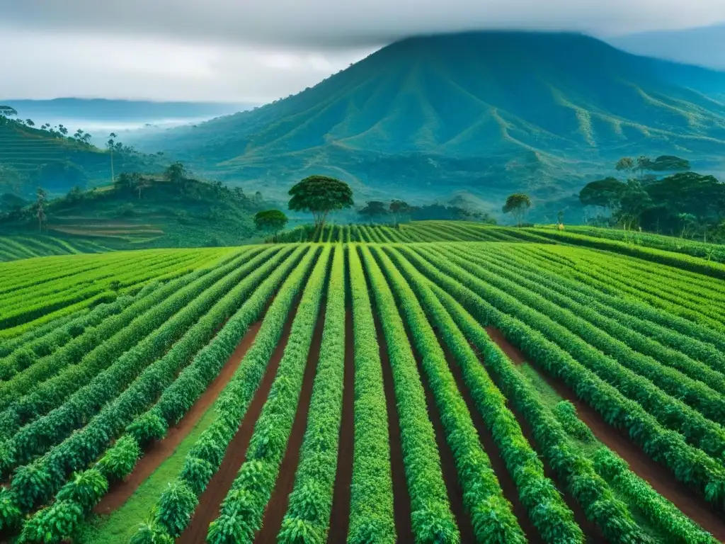 Plantación de café en Centroamérica: armonía natural y labor humana Un plantío de café vibrante en Centroamérica, con trabajadores y Tratados internacionales agricultura centroamericana