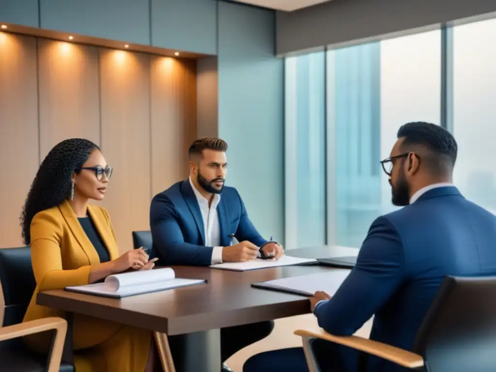 Abogados del Cono Sur protegiendo propiedad intelectual Profesionales del Cono Sur revisan documentos sobre propiedad intelectual en una sala de conferencias moderna