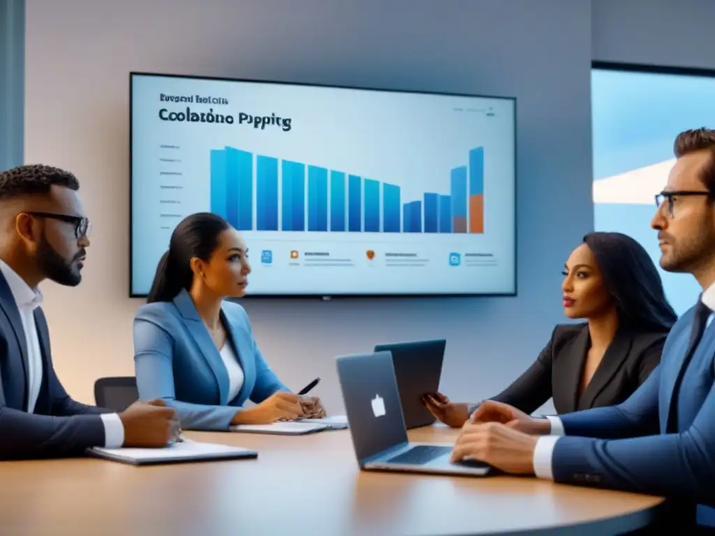 Equipo multicultural protegiendo propiedad intelectual en Cono Sur Profesionales de diferentes culturas colaborando en una oficina moderna, enfocados en protección legal propiedad intelectual en el Cono Sur