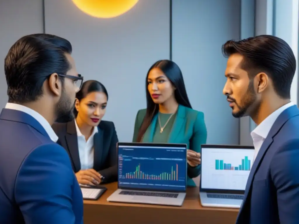 Profesionales diversificados debaten regulación criptomonedas en oficina moderna de Sudamérica