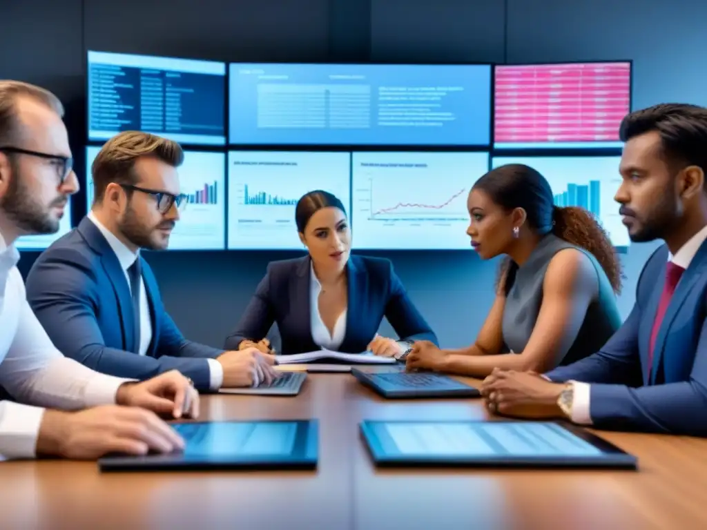 Profesionales financieros analizan MiFID II en reunión intensa Profesionales financieros analizando datos de mercado en una mesa de conferencias moderna
