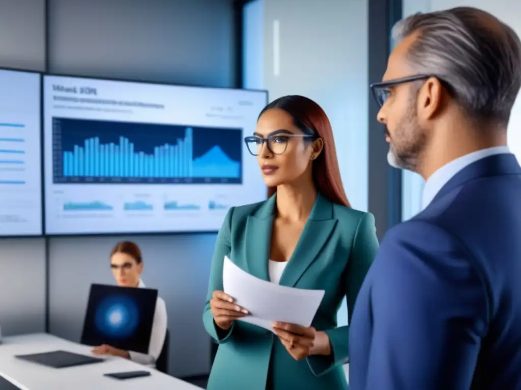 Debate sobre regulación de inteligencia artificial en España Profesionales discuten regulación de la IA en moderna oficina en España