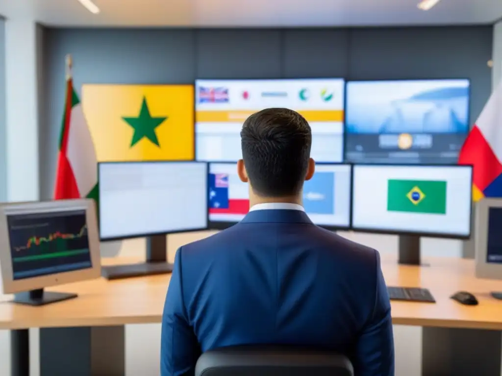 Profesionales debatiendo regulación criptomonedas en oficina moderna de Sudamérica, banderas nacionales de fondo