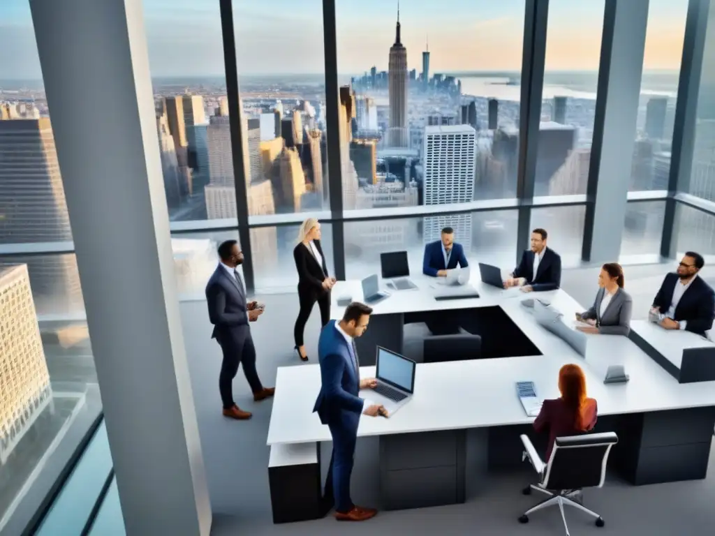 Profesionales en reunión sobre comercio electrónico en moderna oficina