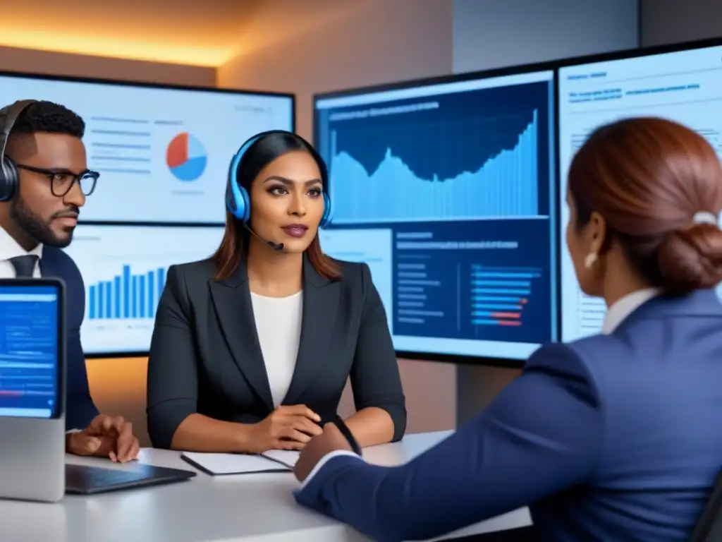 Profesionales diversos discuten en reunión virtual con gráficos en pantalla