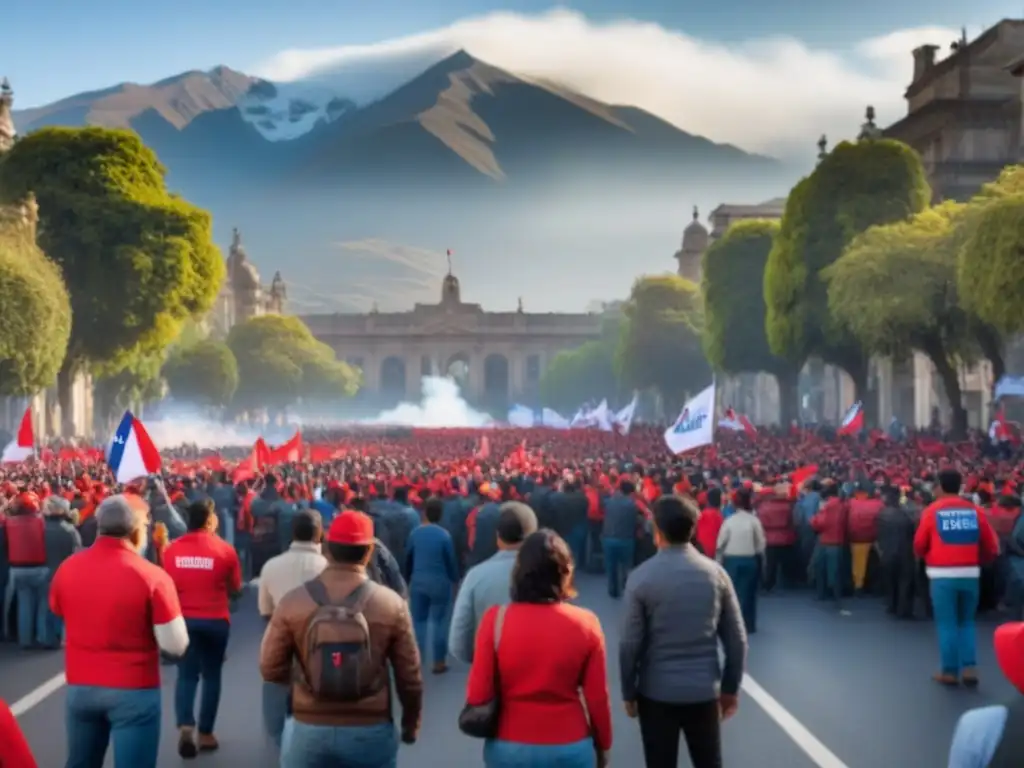 Marcha laboral en Santiago: trabajadores chilenos luchan por sus derechos Protesta pacífica de trabajadores chilenos por Reformas laborales Chile 2021, con los Andes al fondo