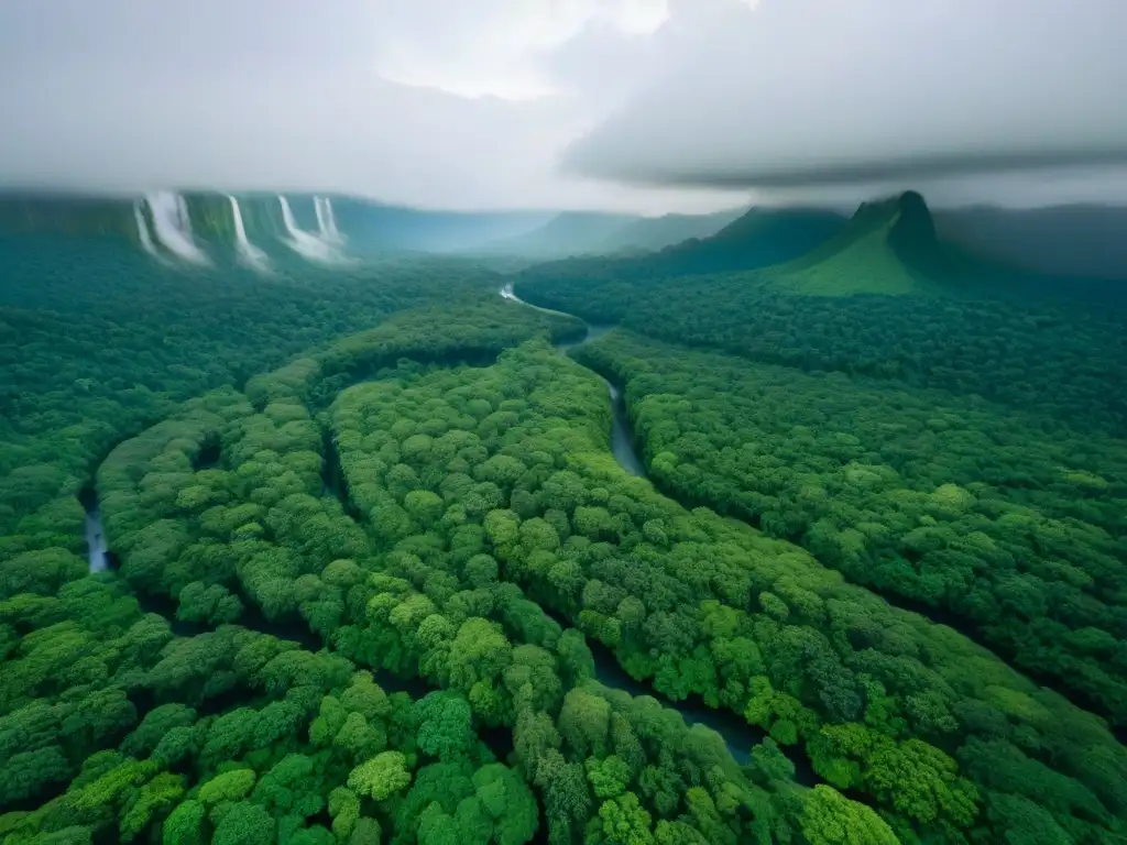 Selva exuberante en Centroamérica: belleza y ecología en armonía Regulaciones sostenibilidad Centroamérica: Vista aérea de exuberante selva con ríos serpenteantes y tonos verdes vibrantes