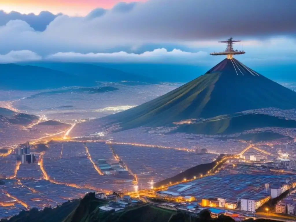 Regulaciones telecomunicaciones Ecuador: Vista aérea de Quito resaltando su infraestructura de telecomunicaciones al atardecer