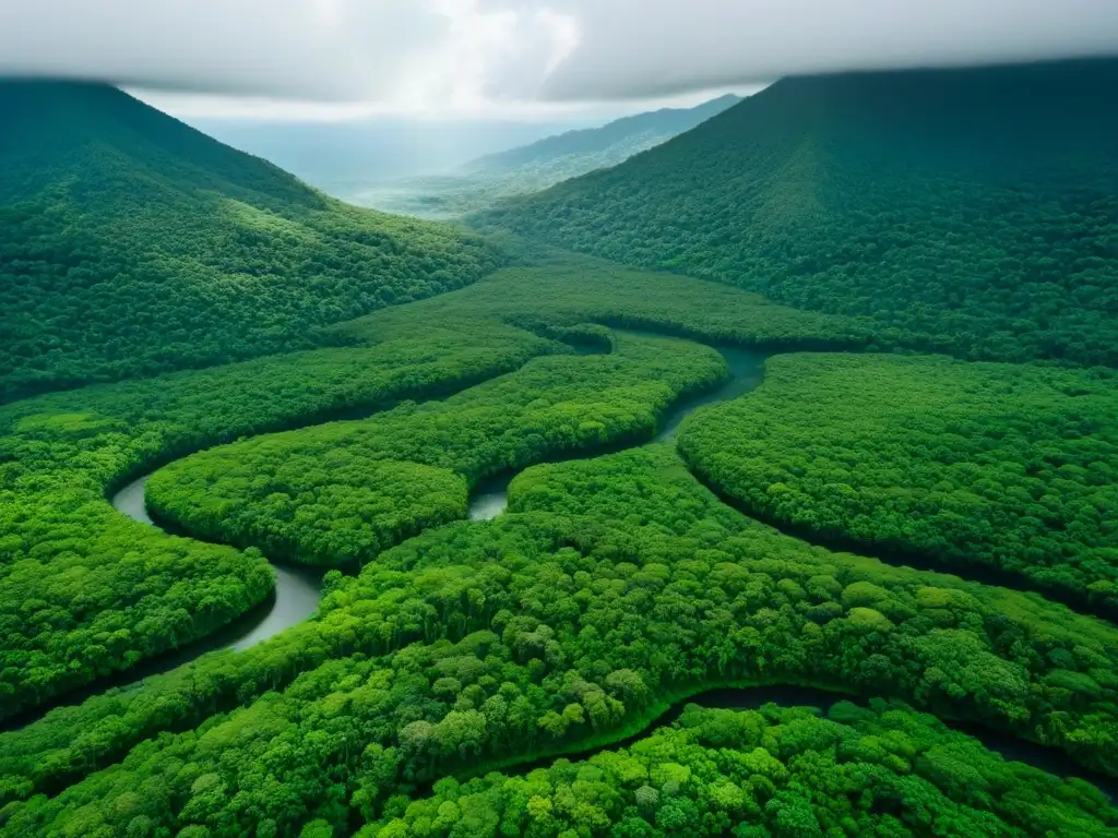 Regulaciones turismo Costa Rica: Vista aérea de exuberantes bosques lluviosos costarricenses, ríos serpenteantes y hábitats de vida silvestre