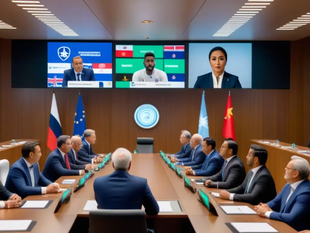 Una sala de tribunal deportivo internacional llena de diversidad y tensión, en plena resolución de disputas deportivas internacionales