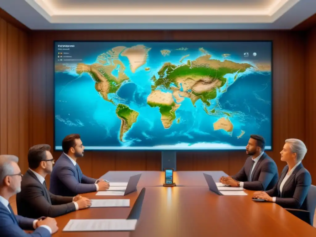 Sala de arbitraje internacional: debate global de expertos legales Un salón de arbitraje internacional con profesionales legales discutiendo, mapa mundial de fondo