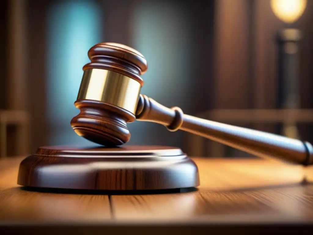 Sentencia legal: impacto de un fallo en la industria del gaming La sentencia legal se impone con firmeza en una imagen detallada de un mazo de juez golpeando decisivamente un bloque de madera, evocando la autoridad y consecuencias en el contexto de la violación de derechos de autor en la industria de videojuegos
