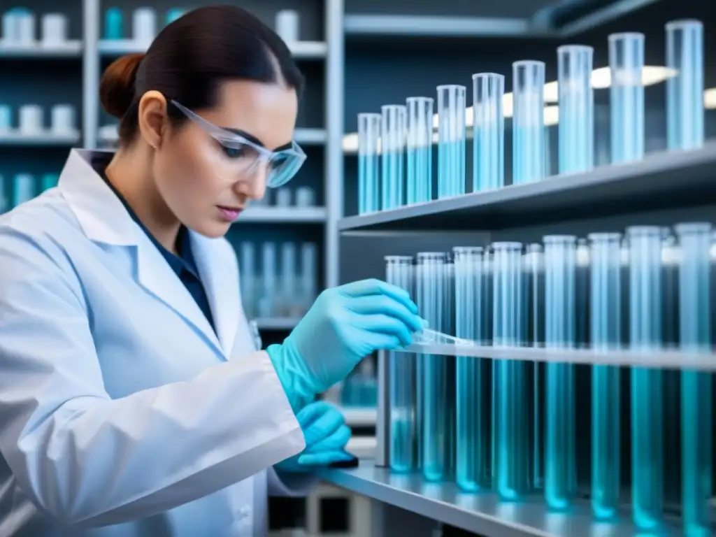 Trabajo meticuloso de pipeteo en laboratorio biotecnológico Un técnico de laboratorio en empresas de biotecnología cumple normativas, pipeteando solución en tubos de ensayo etiquetados