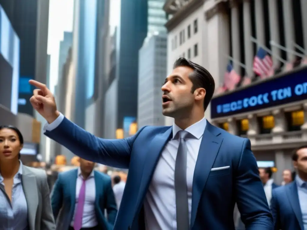 Escena vibrante en Wall Street: traders, tickers y regulaciones globales Traders en Wall Street con trajes, pantallas de acciones y rascacielos