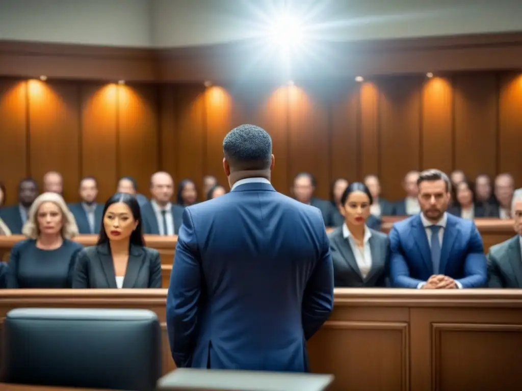 Un tribunal abarrotado con abogados, clientes y jueces en trajes, reflejando la tensa atmósfera de casos legales sobre las consecuencias de leyes amnistía fiscal