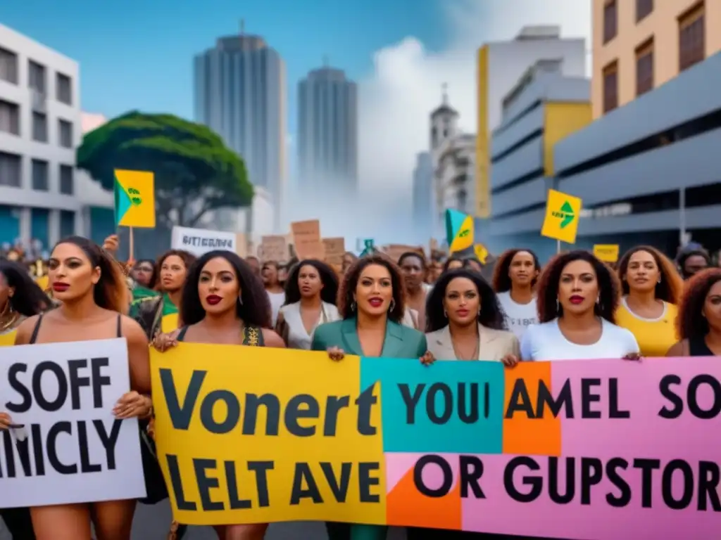 Unidas en un marcha por la igualdad de género en Brasil, mujeres diversa con mensajes de empoderamiento